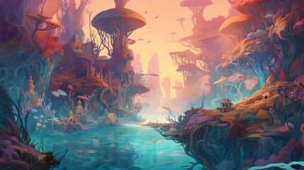 a fantasy landscape that takes place underwater,mermaids, sea monsters,colorful coral reefs ,vibrant ,fantastical world