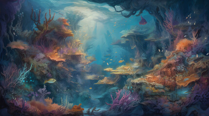Fototapeta na wymiar a fantasy landscape that takes place underwater,mermaids, sea monsters,colorful coral reefs ,vibrant ,fantastical world