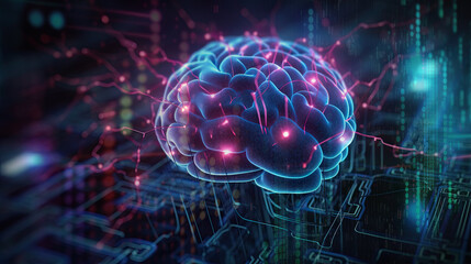 artificial intelligence background in the form of a human brain, against the background of graphs of numbers and calculations. Interaction between AI and humans. ai generation	