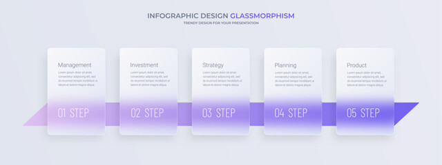 Glassmorphism style infographic for 5 steps. Business management concept.