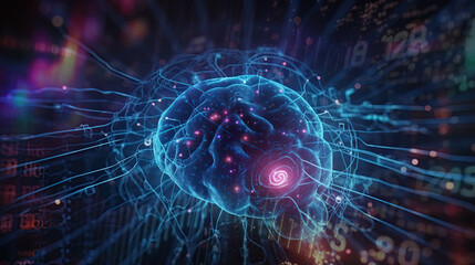 artificial intelligence background in the form of a human brain, against the background of graphs of numbers and calculations. Interaction between AI and humans. ai generation	