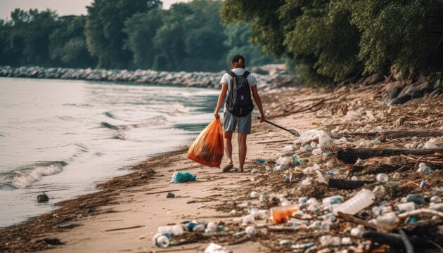 A person participating in a beach or river cleanup, with a focus on the amount of trash and the impact it has on the environment. Generative AI
