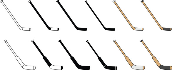 Hockey Stick Clipart Set - Outline, Silhouette & Color