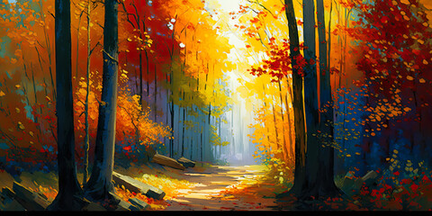 Vibrant Autumn Forest Scene   Generative AI