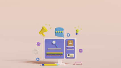 Web programming and coding. Web development. Coding and social connections. 3D vector illustration