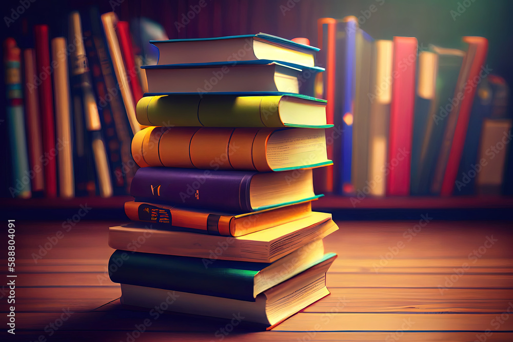 Poster old classic library with books on table. generative ai