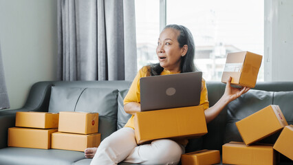 Successful asia people woman entrepreneur with parcel boxes checking email order in tablet and laptop at sofa home office SMEs small company.