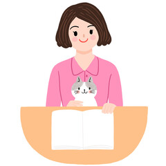 Cartoon cute woman reading book clipart.
