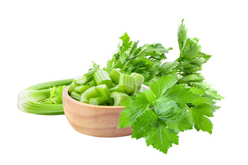 slice celery in wood bowl isolated on transparent png