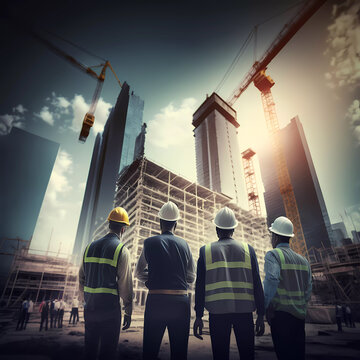 Builders inspect the site of a commercial, industrial building. Real estate project civil engineer, investor. AI
