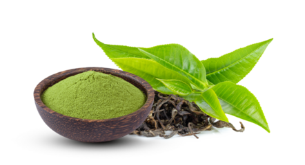 powder matcha green tea in bowl with leaf  isolated on transparent png