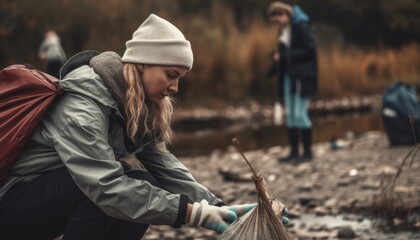 A person participating in a local community clean-up event, picking up litter and helping to keep the environment clean. Generative AI
