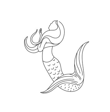 Vector isolated one single swimming floating mermaid woman girl with fish tail colorless black and white contour line easy drawing