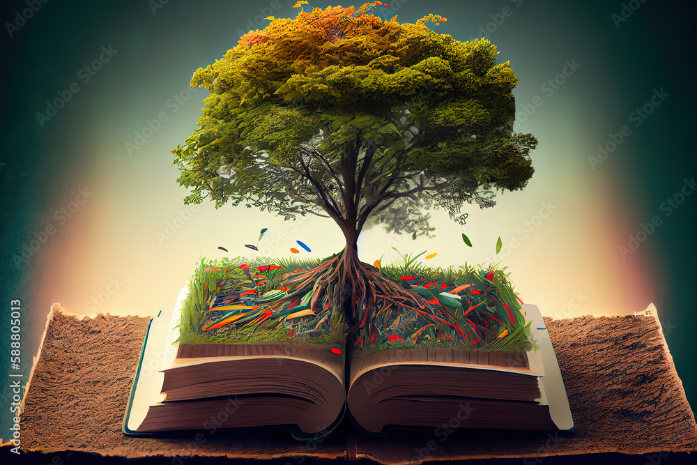 Aufkleber tree with books. generative ai.