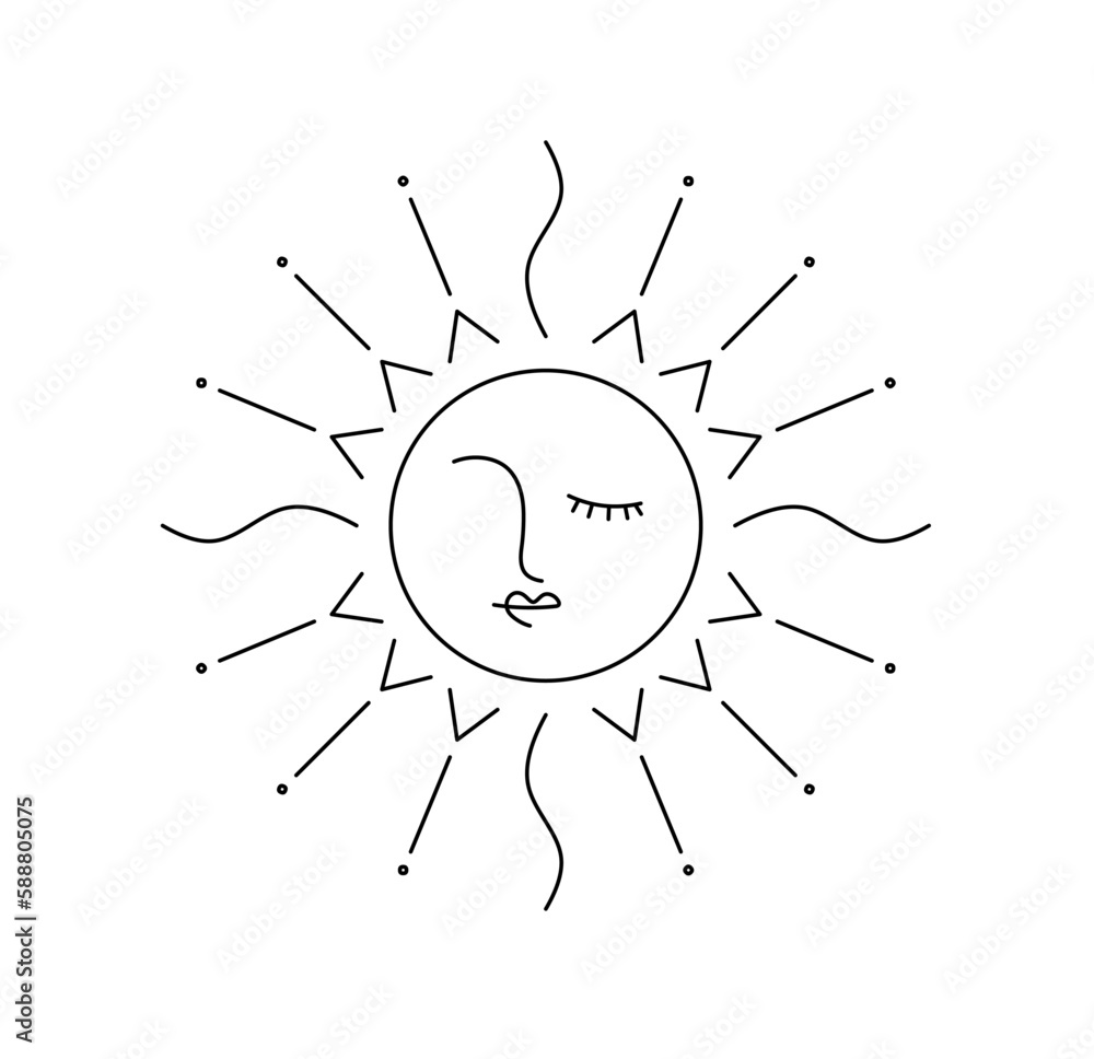 Wall mural vector isolated one single abstract fairy tale ornate sun with rays and closed eyes colorless black 