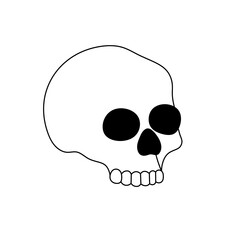 Vector isolated one single simplest skull with black eye holes and tooths colorless black and white contour line easy drawing