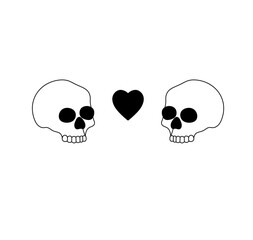 Vector isolated two funny skulls in love colorless black and white contour line easy drawing