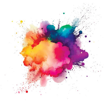 Bright colorful watercolor splash splatter stain brush stroke on white background. Modern vibrant aquarelle spot. Rainbow trendy isolated design on white. Element. Vector watercolor illustration