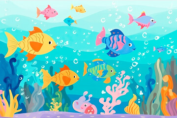 Naklejka na ściany i meble Fish and underwater animals illustration