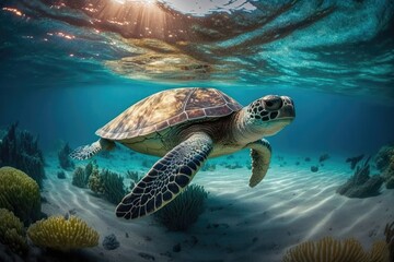 A turtle swimming underwater in the sea. Generative AI.