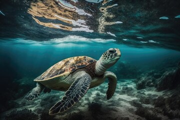 Fototapeta premium A turtle swimming underwater in the sea. Generative AI.