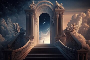 Stairway to heaven in glory, gates of Paradise. Generative AI.