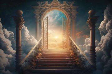 Stairway to heaven in glory, gates of Paradise. Generative AI. - obrazy, fototapety, plakaty