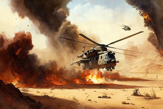 Military chopper crosses crossfire and smoke in the desert. Generative AI. 