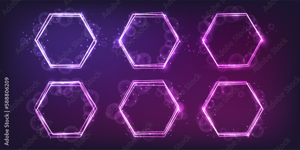 Poster neon hexagon frame with shining effects and sparkles
