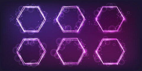 Neon hexagon frame with shining effects and sparkles