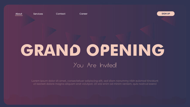 Grand opening website banner template. Grand Opening Banner for website. Simple Grand Opening join us you are invited web page design with dark background. Landing page design with interface element