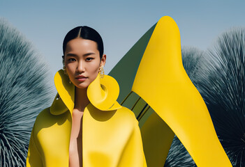 High fashion portrait of stylish beautiful woman in trendy jackets and jeans posing outdoors. Fashion style. Generative ai