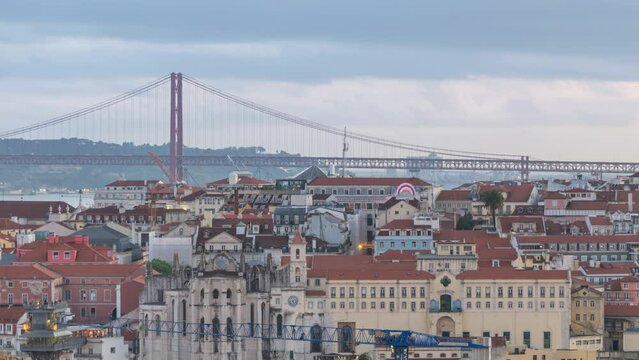 Lisbon Portugal time lapse 4K, high angle view city skyline day to night sunset timelapse at Lisbon Baixa district