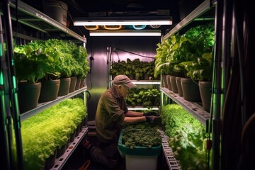 Naklejka na ściany i meble Vertical farm(indoor farm) researcher takes care of vegetables growing on vertical farm. Vertical farming is sustainable agriculture for future food. generative AI