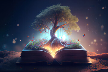 Obraz premium Tree with book logo. Book of tree icon isolated. Generative Ai