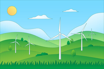 Renewable energy, ESG concept. Green landscape with wind turbines. Gradient. Cute illustration