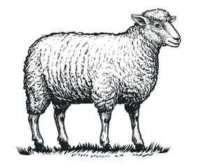 Naklejka premium Farm sheep standing on grass. Hand drawn domestic animal with thick woolly coat. Livestock farming, vector illustration
