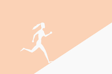 Fototapeta na wymiar Silhouette of a woman running up. Concept of moving towards a goal. Photo. Beige background