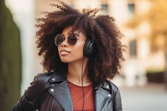 Young black woman in headphones listening to music in a city. Generative AI