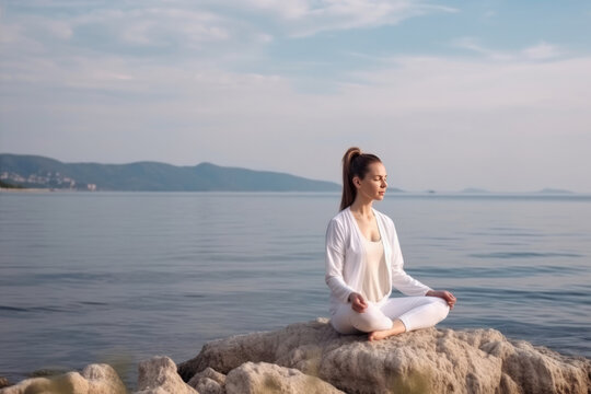 Young woman practicing yoga by the sea. Generative AI