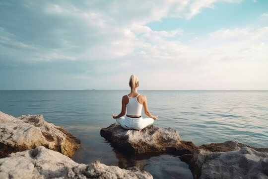 Young woman practicing yoga by the sea. Generative AI