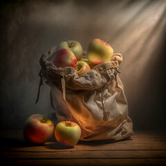 A sack full of apples in a rustic setting with light fog and sunbeams