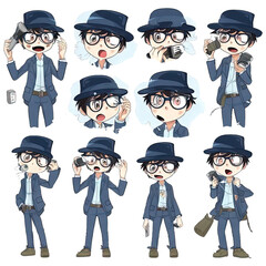 Surprised boy with a fedora and a camera - Multiple Expressions Same Characters 4 - obrazy, fototapety, plakaty