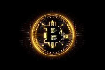Illustration of a golden bitcoin with logo on a black background created with Generative AI technology