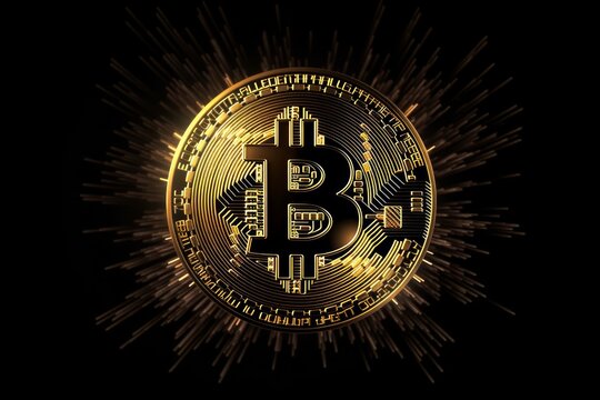 Illustration of a golden bitcoin with logo on a black background created with Generative AI technology