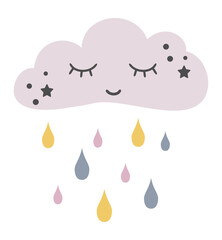 Cute pink cloud that sends colorful rain, vector cartoon illustration