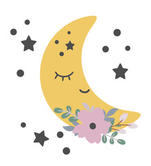 Yellow moon is sleeping, around the star, flower arrangement, cartoon, vector illustration