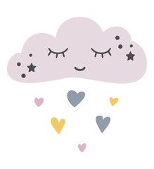 Cute cloud that rains from hearts, vector cartoon illustration