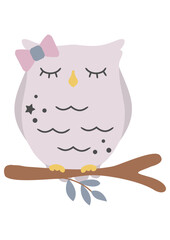 Cute pink owl sitting on branch, vector cartoon illustration