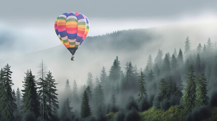 hot air balloon over green jungle in the mist.
